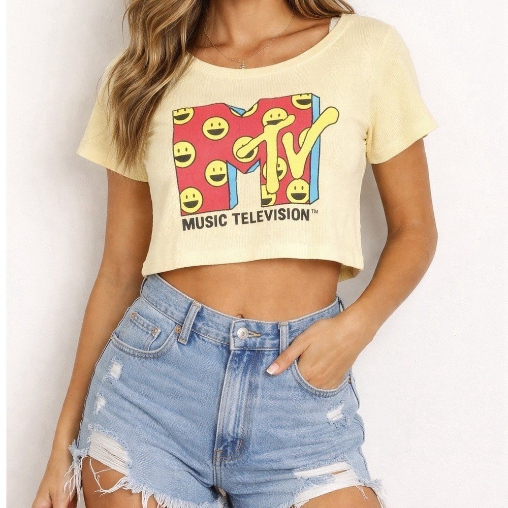MTV Graphic Tee Women's Large Butter Yellow Ribbed Smiley Face Y2K‎ Retro Music